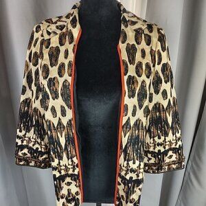 Chico's Brown Beaded Embellished Artisan Animal Print Open Jacket Size 1 Size M